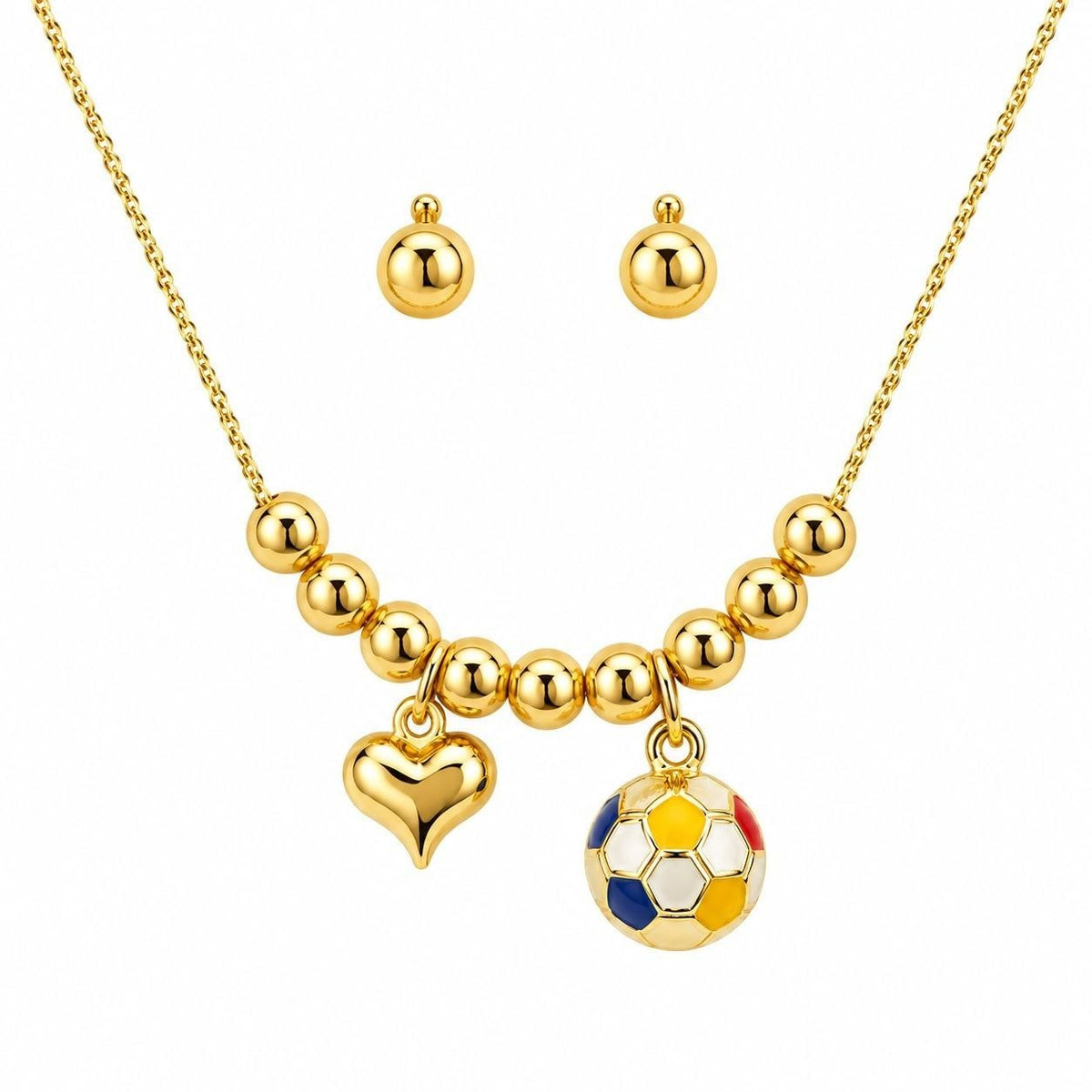 SET DE ENCHAPE PARA DAMA COLLAR CON BALINES, DIJES CORAZÓN Y BALÓN FÚTBOL ESMALTADO CON TOPOS BALÍN