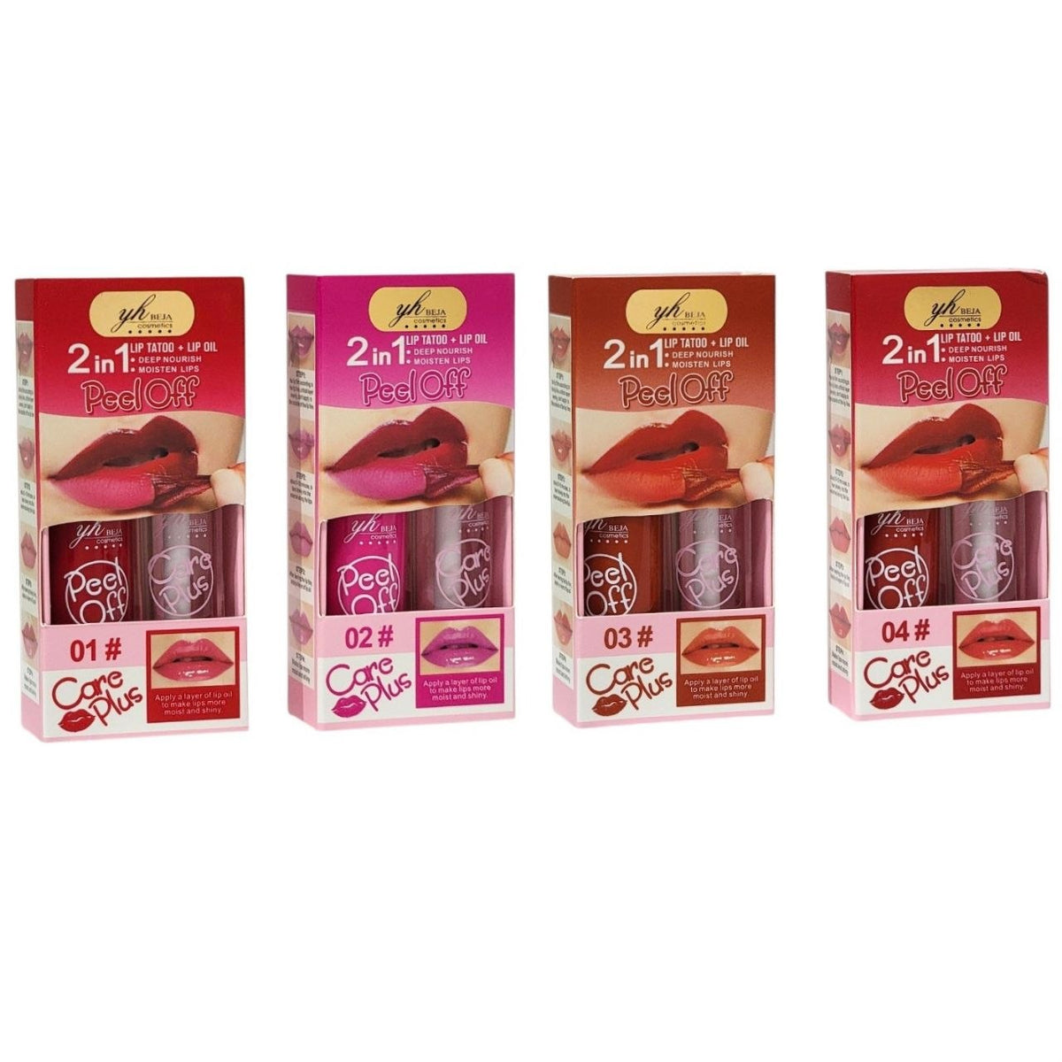 TATUAJE LABIAL + ACEITE LABIAL EFECTOS DESLUMBRANTES ANTITRANSFERENCIA GARANTIZA LARGA DURACIÓN 4 TONOS YH BEJA COSMETICS 2X4ML