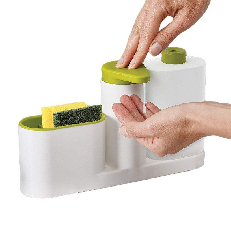 DISPENSADOR DE JABON LIQUIDO PARA COCINA O BAÑO CON ORGANIZADOR DE ESPONJAS Y CEPILLOS 9X16X27CM