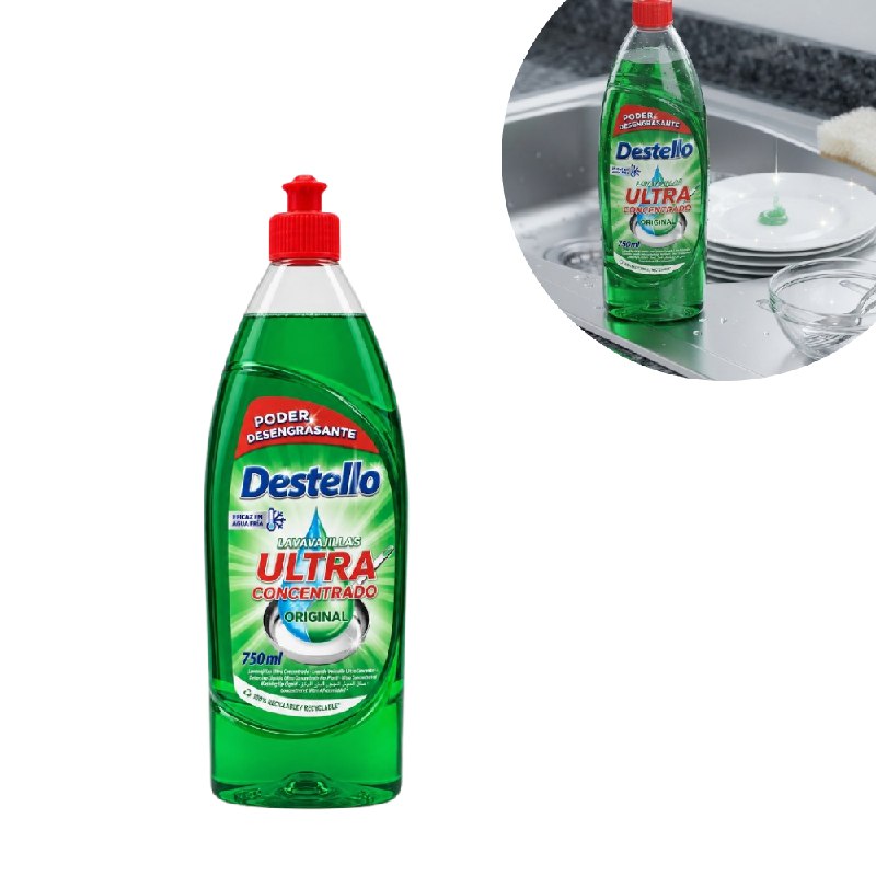 JABON LIQUIDO PARA LAVAR PLATOS ULTRA CONCENTRADO DESENGRASANTE AROMA ORIGINAL DESTELLO 750ML