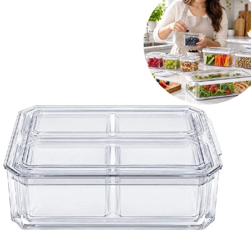 SET DE 7 RECIPIENTES ORGANIZADORES PARA ALIMENTOS DE ACRILICO TRANSPARENTE CON REJILLA ANTIHUMEDAD