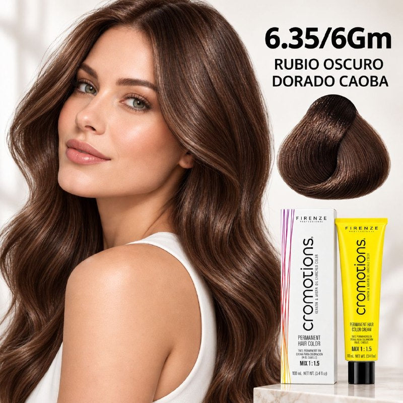 TINTE PERMANENTE PARA EL CABELLO EN CREMA RUBIO OSCURO DORADO CAOBA 6.35/ 6GM FIRENZE 100ML