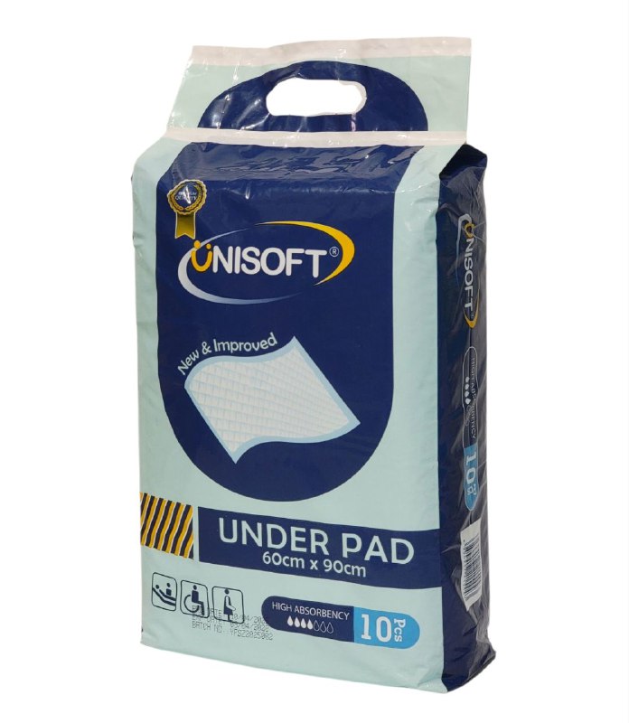 TOALLA ALMOHADILLA INFERIOR IMPERMEABLE DESECHABLE SUAVE AL TACTO,60X90CM MANTIENE LA PIEL SECA, ABSORBE EL LIQUIDO UNISOFT 10UND