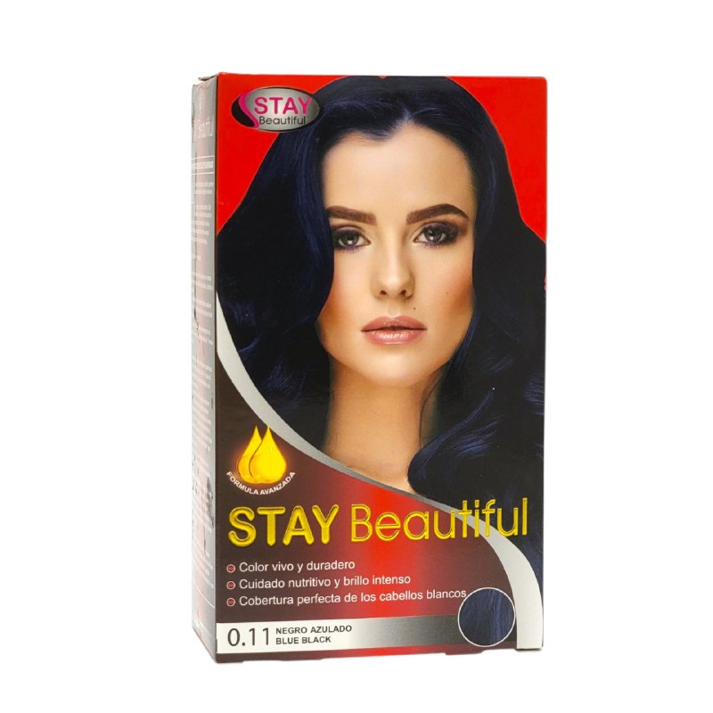 TINTE PARA EL CABELLO COLOR NEGRO AZULADO 0.11, VIVO Y DURADERO STAY BEUTIFUL 50MLX2+20ML