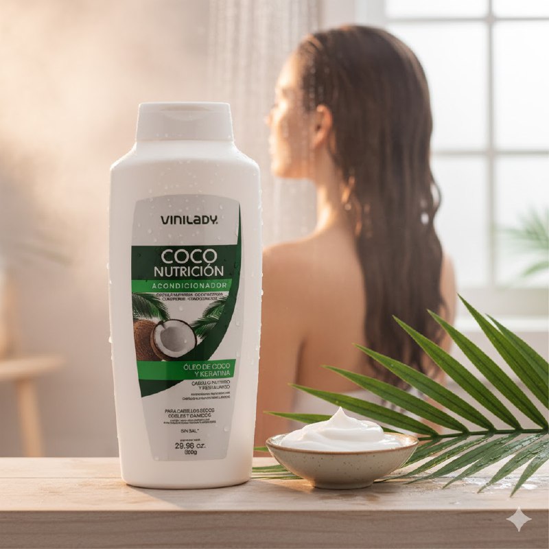 ACONDICIONADOR DE COCO Y QUERATINA NUTRITIVA SUAVIZANTE PARA CABELLOS SECOS Y DEBILES VINILADY 850G