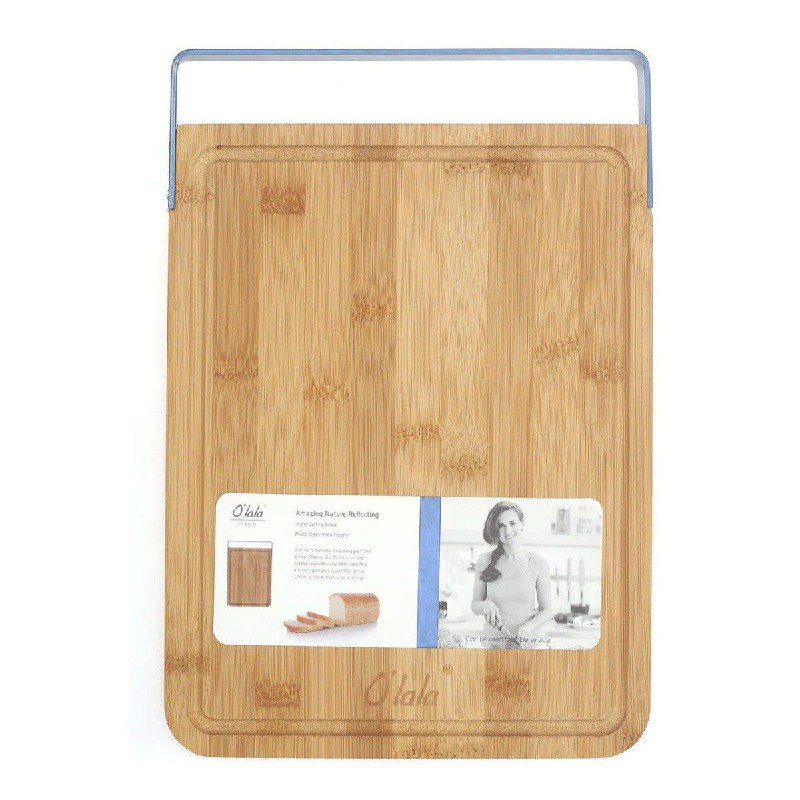 TABLAS DE PICAR DE MADERA DE BAMBU CON MANGO METALICO 32X23X2CM