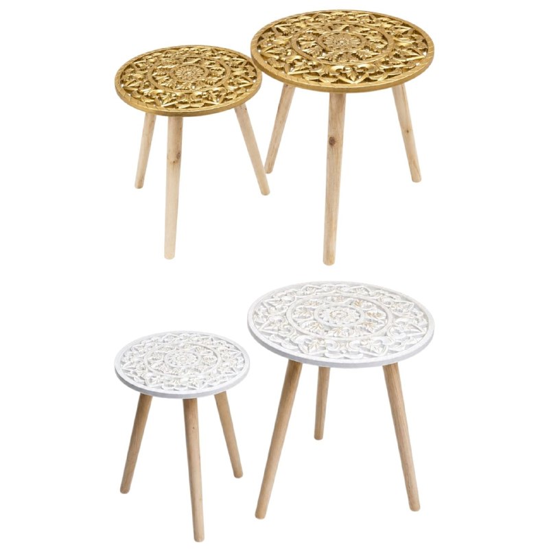 SET DE MESAS LATERALES ARTESANALES EN ACABADO BLANCO Y DORADO ENVEJECIDO MESAS AUXILIARES BOHEMIAS DE MADERA TALLADA 2 PIEZAS