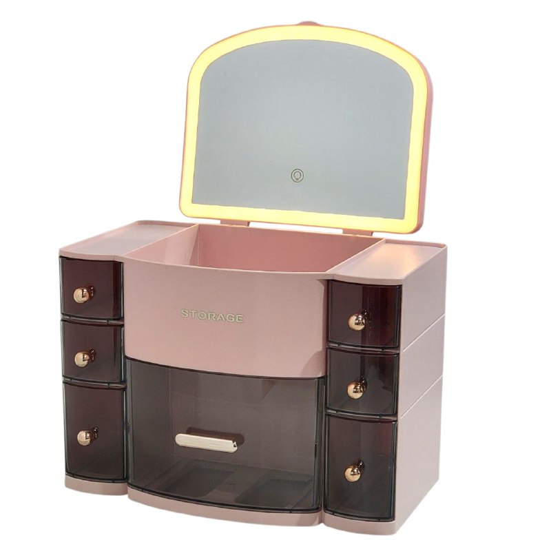 ORGANIZADOR ESTANTE DE COSMETICOS, MAQUILLAJE CON 8 COMPARTIMIENTOS, ESPEJO CON LUZ LED 3 MODOS DE INTENSIDAD, COLOR ROSADO STORAGE