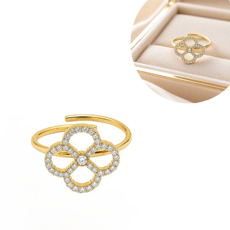 ANILLO DE ENCHAPE PARA DAMA CON MOTIVO DE TREBOL Y CIRCONES TALLA 6