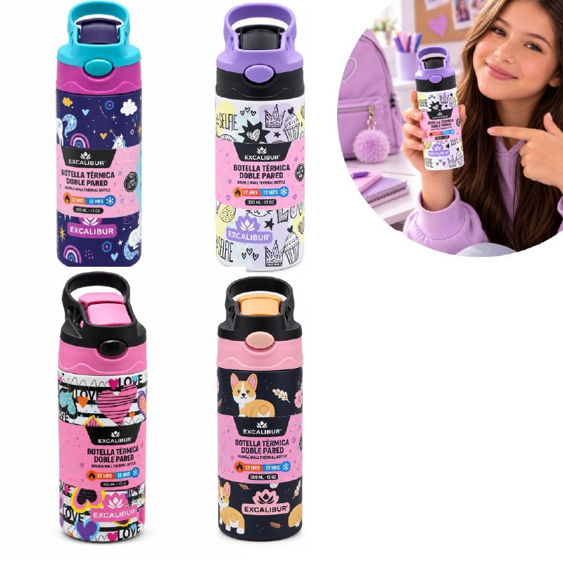 BOTELLA TERMICA DE DOBLE PARED CON ASA PARA NIÑAS 350ML