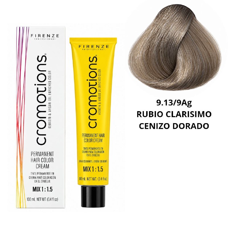 TINTE PERMANENTE PARA EL CABELLO EN CREMA RUBIO CLARISIMO CENIZO DORADO 9.13/ 9AG FIRENZE 100ML
