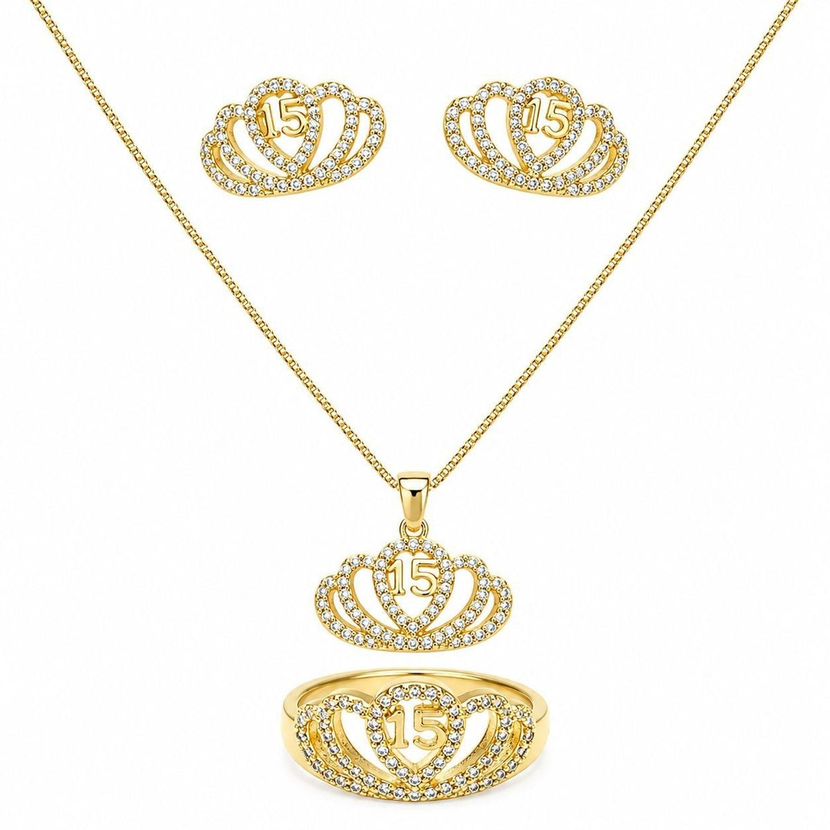 SET DE ENCHAPE PARA QUINCEAÑERA CADENA, DIJE, TOPOS Y ANILLO CORONA 15 AÑOS CON CIRCONES