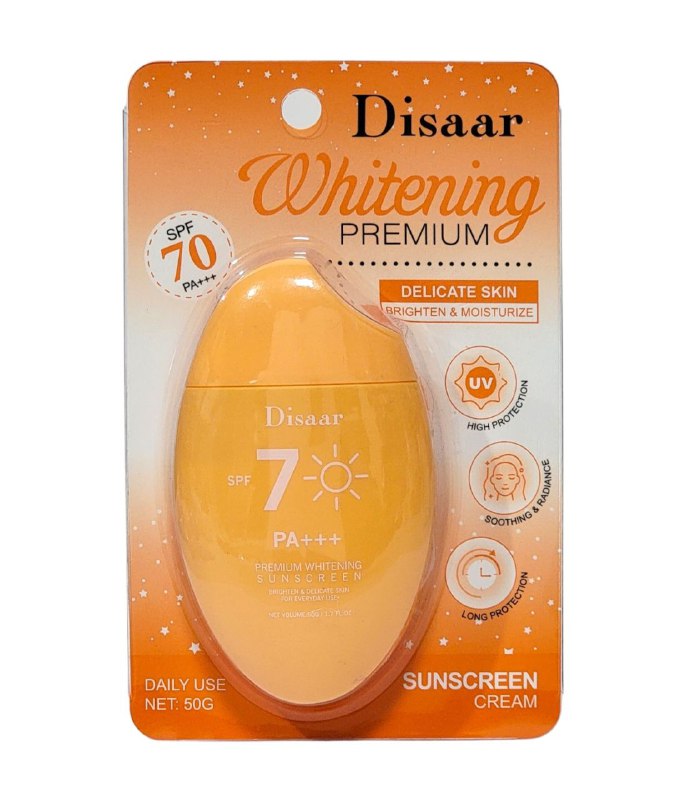 PROTECTOR SOLAR BLANQUEADOR PREMIUM SPF 7PA, 4 EN 1, PROTECCION SOLARM BLANQUEAMIENTO, HIDRATACION, BLOQUEO NO GRASO SUAVE DISAAR WHITENING PREMIUM 50G