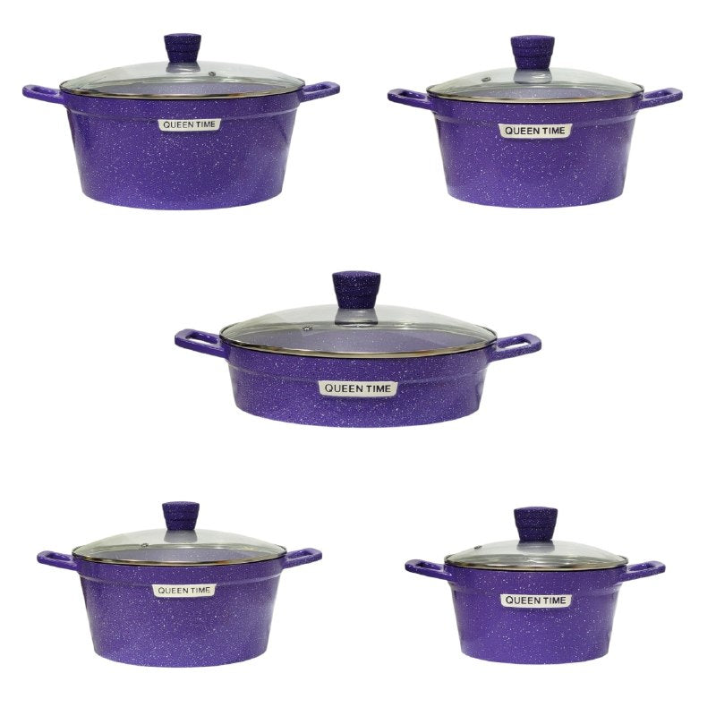 JUEGO DE COCINA, OLLAS DE COCINA DE 5 PIEZAS, CON ACABADO MORADO CON EFECTO GRANITO ELEGANTE Y TAPAS DE VIDRIO TEMPLADO QUEEN TIME