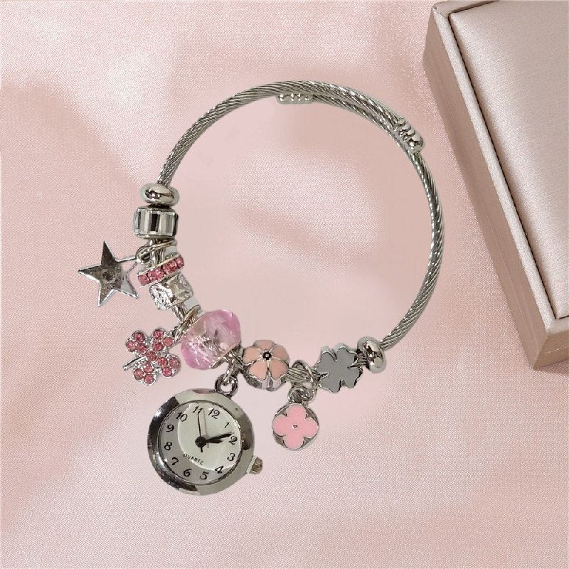 RELOJ ECONOMICO ESTILO PANDORA PARA DAMA DE ACERO CON BAÑO DE ENCHAPE