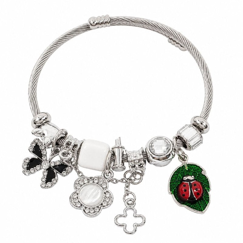 PULSERA DE ENCHAPE PARA DAMA CON DISEÑO DE FLORES, MARIQUITA Y MARIPOSA