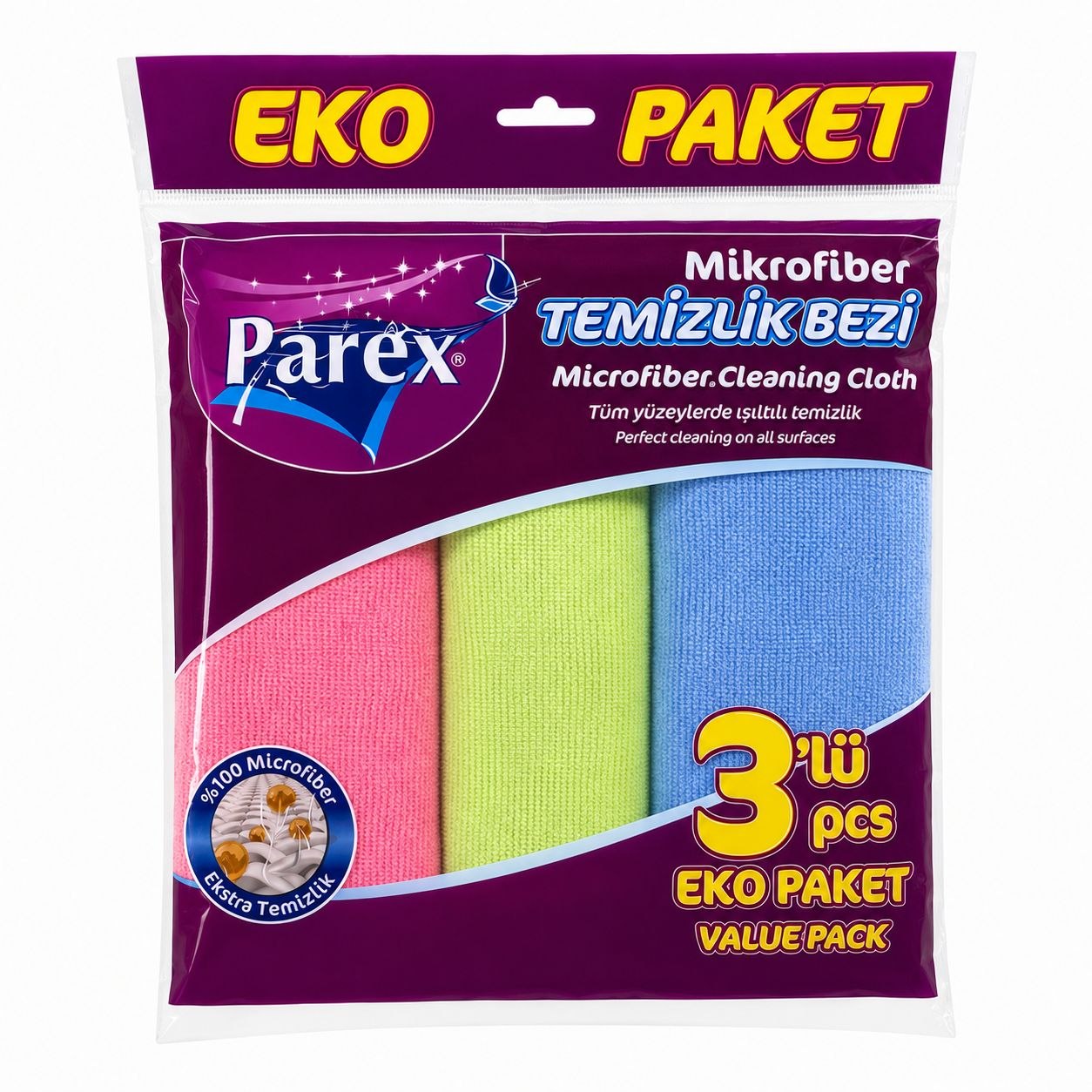 TOALLAS DE MICROFIBRA MULTIUSO 100% POLIESTER SEGURO Y EFECTIVO PARA LIMPIAR Y PULIR PAREX EKO 3 COLORES