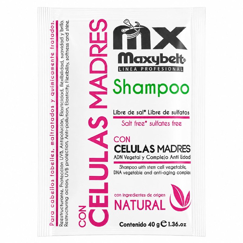 SHAMPOO CON CELULAS MADRE ANTIEDAD DE LIMPIEZA SUAVE RECONSTRUCTORA MAXYBELT 40G