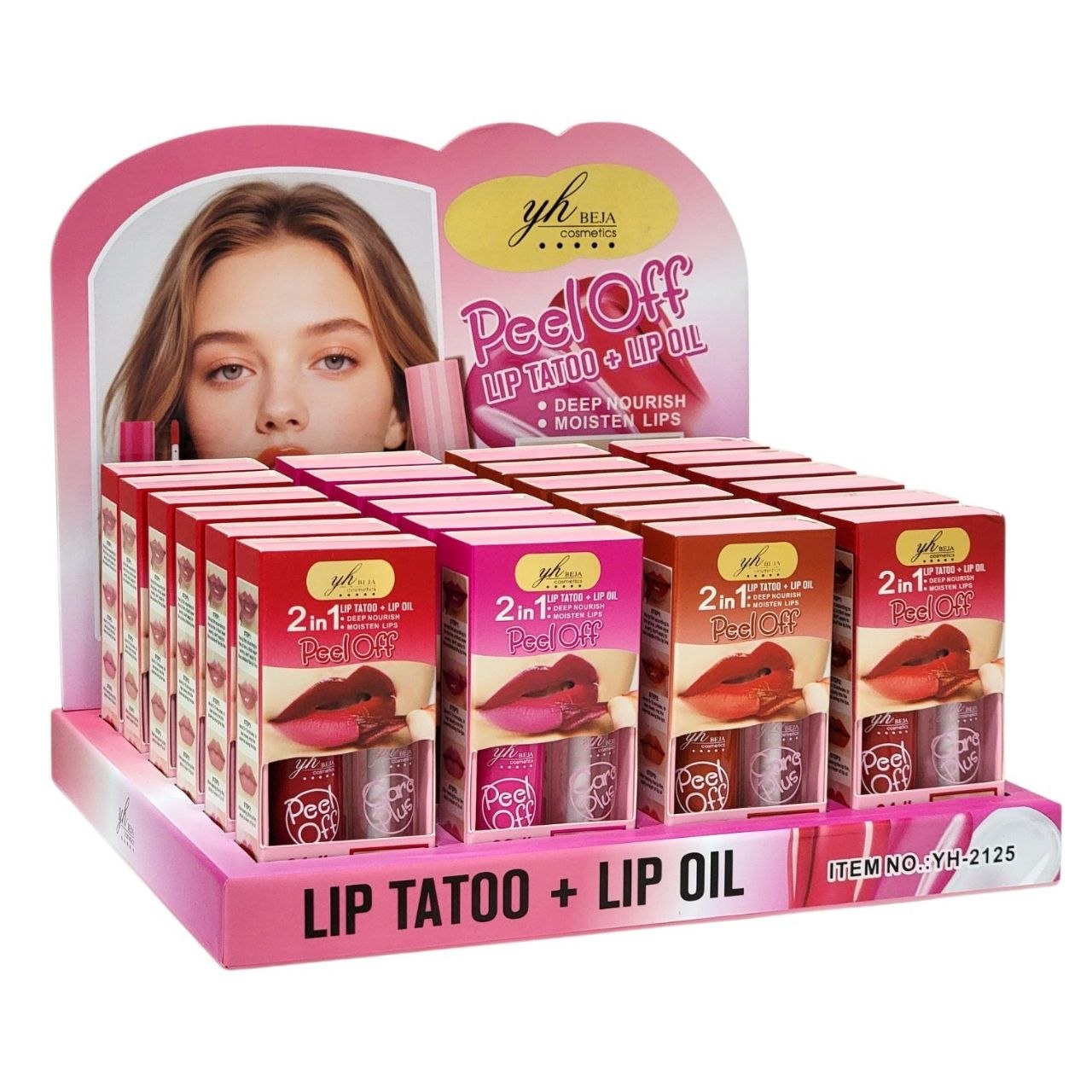 TATUAJE LABIAL + ACEITE LABIAL EFECTOS DESLUMBRANTES ANTITRANSFERENCIA GARANTIZA LARGA DURACIÓN 4 TONOS YH BEJA COSMETICS 2X4ML