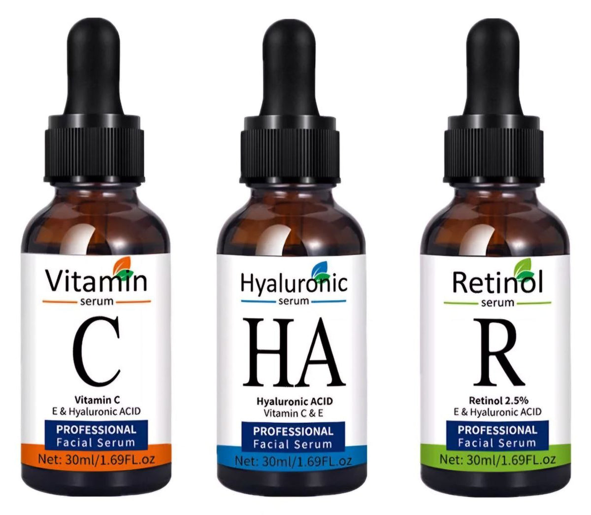 SET DE SUERO FACIAL CON VITAMINA C ACIDO HIALURONICO Y RETINOL 3PCS