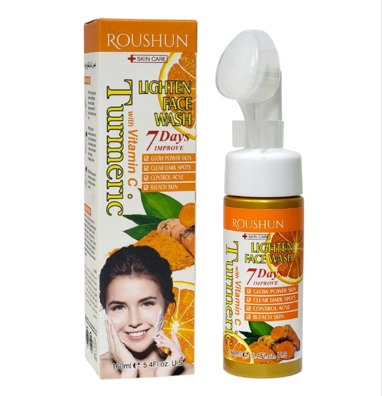 LIMPIADOR FACIAL EN ESPUMA ACLARADOR CON VITAMINA C Y CURCUMA, ILUMINA MANCHAS OSCURAS, CONTROLA EL ACNE, TODO TIPO DE PIEL, HIDRATA, DEJA LA PIEL SUAVE Y TERSA ROUSHUN LIGHTEN FACE WASH 160ML