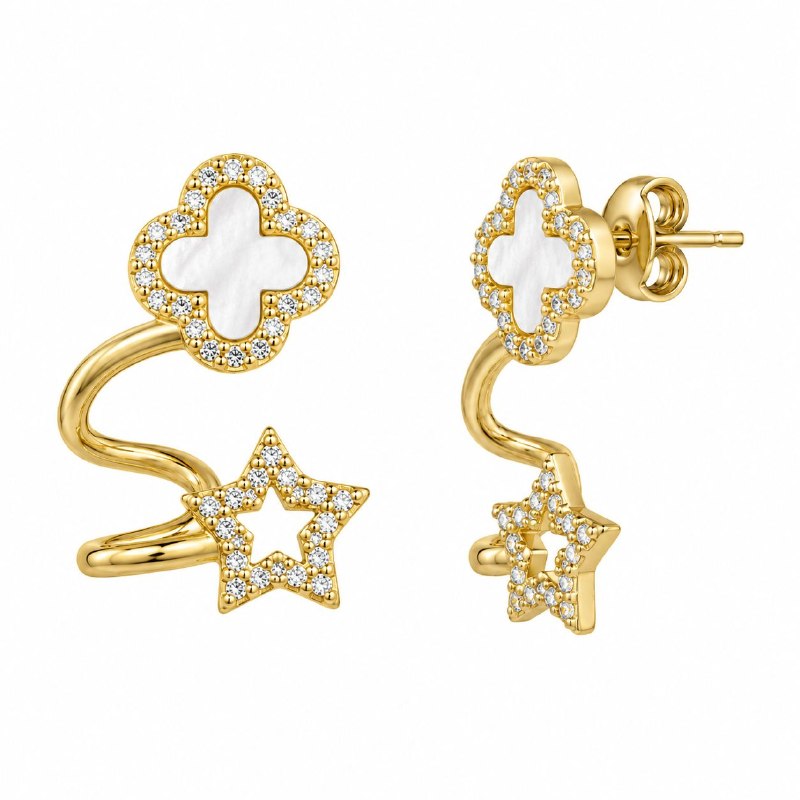 ARITOS DE ENCHAPE PARA DAMA CON DISEÑO DE ESTRELLA Y FLOR 2CM