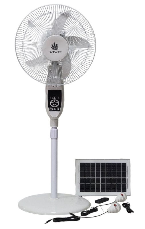 VENTILADOR DE PEDESTAL RECARGABLE CON PANEL SOLAR CON DOS SALIDAS VIVE 16CM