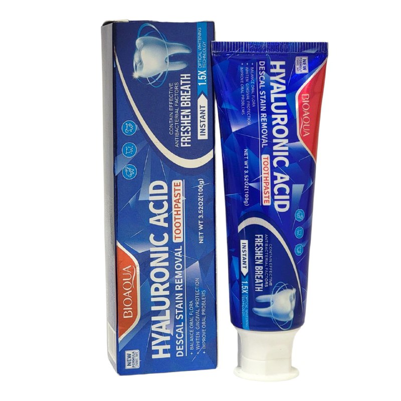 PASTA DE DIENTES, DE ACIDO HIALURONICO, ELIMINA MANCHAS DESCALCIFICADORAS, CREMA SUAVE Y DELICADAS, LIMPIA MANCHAS Y SARRO, FORTALECE LAS ENVIAS BIOAQUA 100G