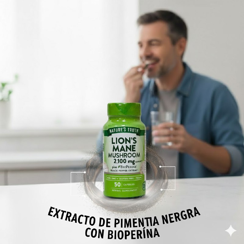 VITAMINAS EN CAPSULA DE HONGO MELENA DE LEON 2100MG PIMIENTA NEGRA SIN GLUTEN NATURES TRUTH 50UND