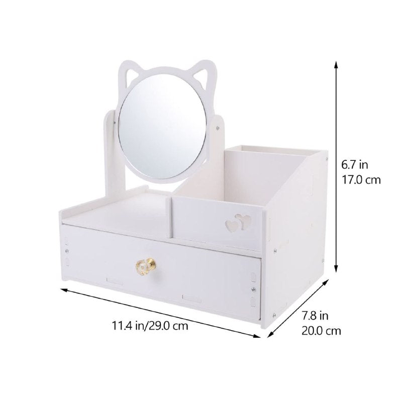 ESTANTE ORGANIZADOR DE COSMETICOS COLOR BLANCO CON ESPEJO DE GATO 29X20X17CM