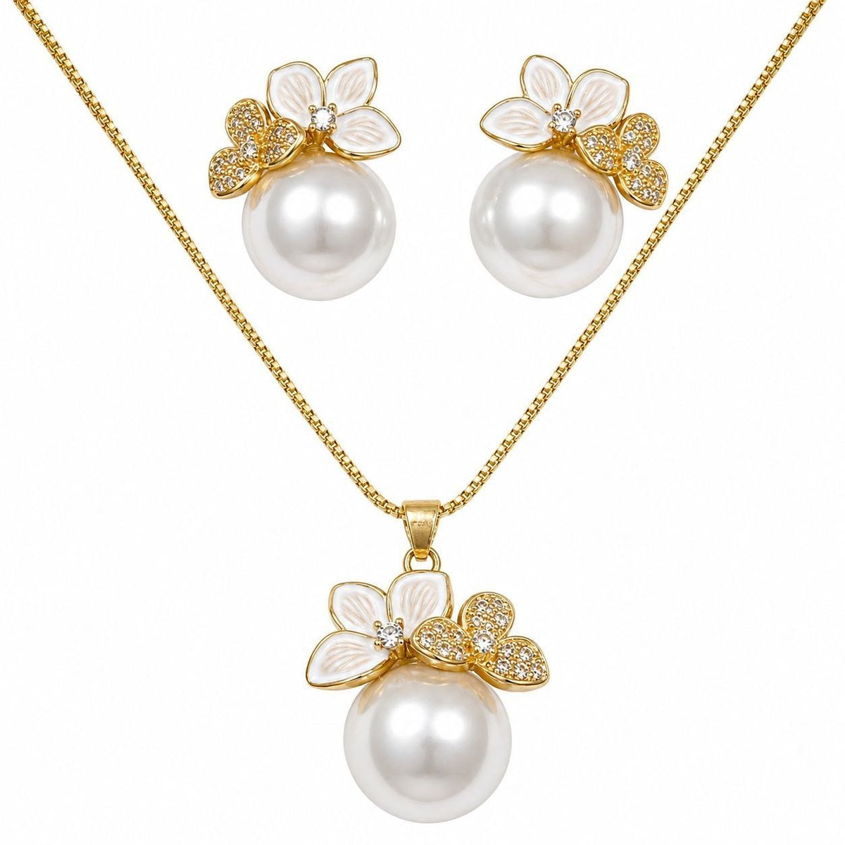 SET DE ENCHAPE PARA DAMA CADENA, DIJE Y TOPOS FLOR ESMALTADA Y MARIPOSA CON PERLA