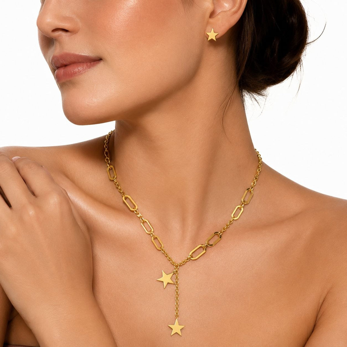 SET DE ENCHAPE PARA DAMA CON DISEÑO DE ESTRELLAS LISAS EN CADENA ESTILO CORBATERO