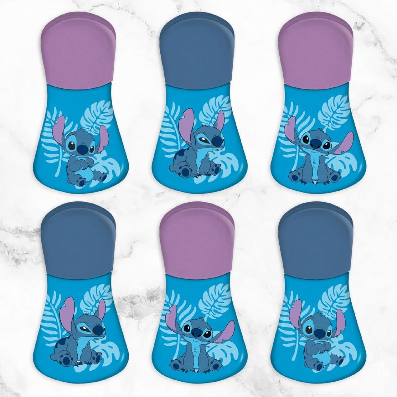 JUEGO DE CLIPS PARA ALIMENTOS, CLIPS MAGNETICOS PARA BOLSAS CON TEMATICA DE DISNEY STITCH PAQ DE 6 UND