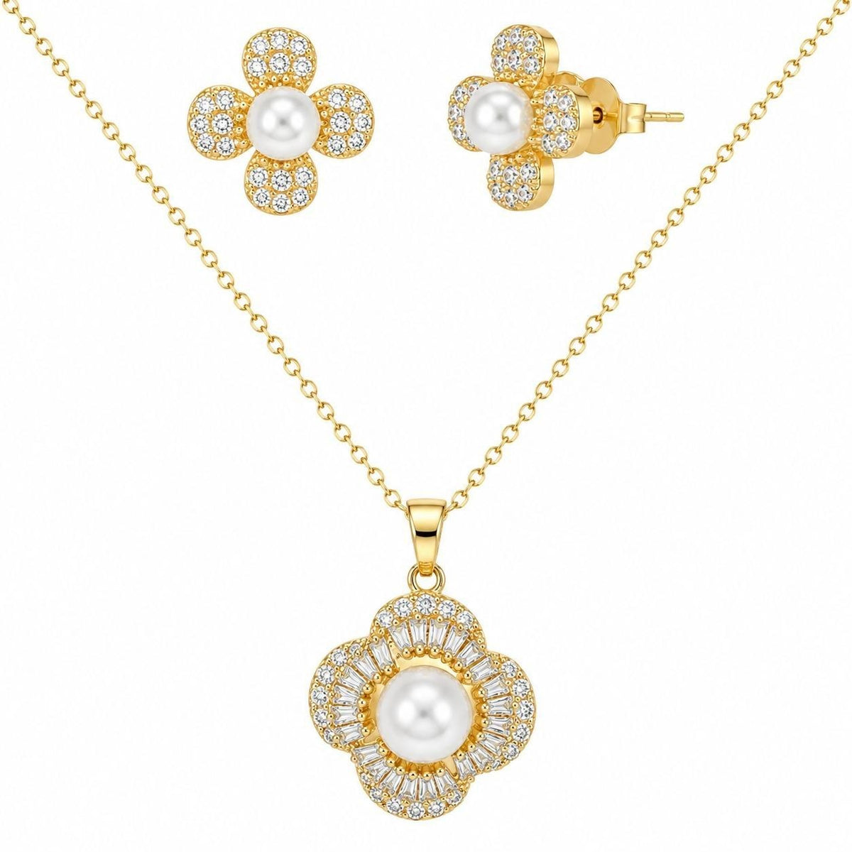 SET DE ENCHAPE PARA DAMA CADENA, DIJE Y TOPOS FLOR TREBOL CON PERLA Y HALO DE CIRCONES