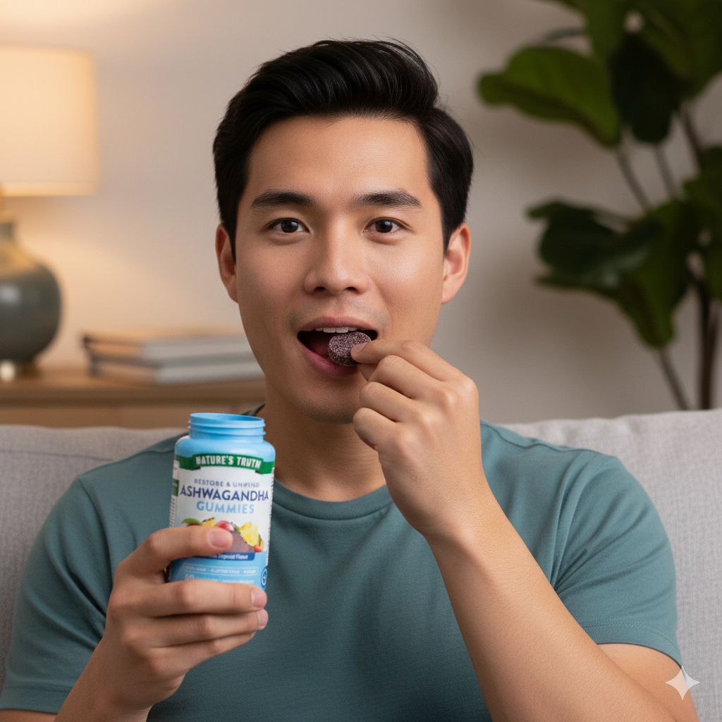VITAMINAS EN GOMITAS DIETÉTICO VEGANO CON SABOR TROPICAL ESTRÉS FISIOLÓGICO Y EMOCIONAL NATURE'S TRUTH RESTORE & UNWIND ASHWAGANDHA GUMMIES 60 GOMITAS