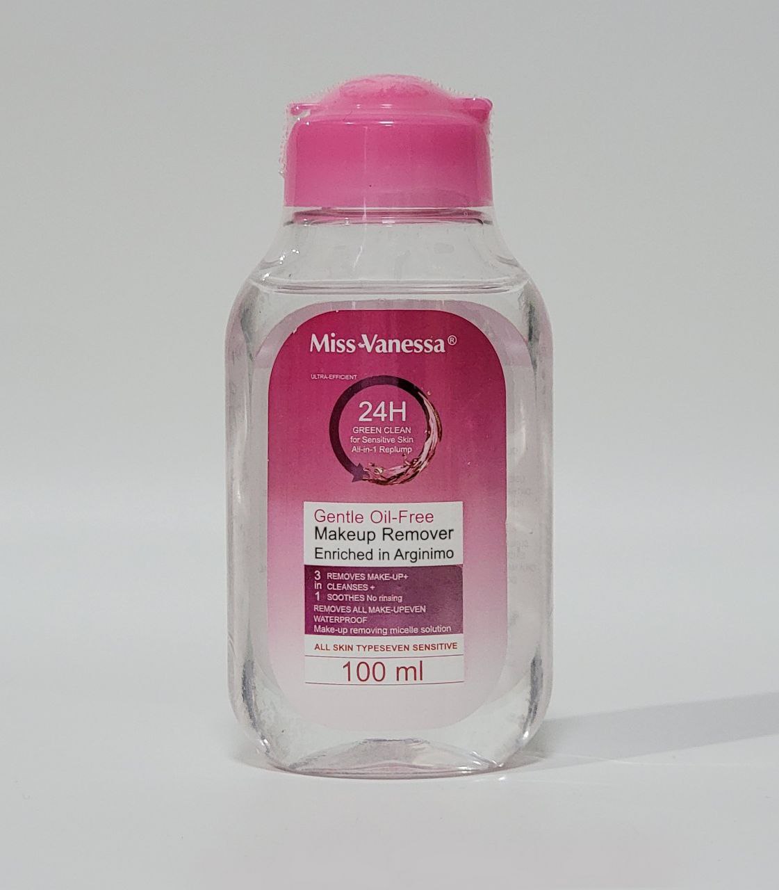 DESMAQUILLANTE 3 EN 1, ELIMINA MAQUILLAJE, LIMPIA Y CALMA SIN ENJUAGUE, ENRIQUECIDO CON ARGINIMO MISS VANESSA 100ML