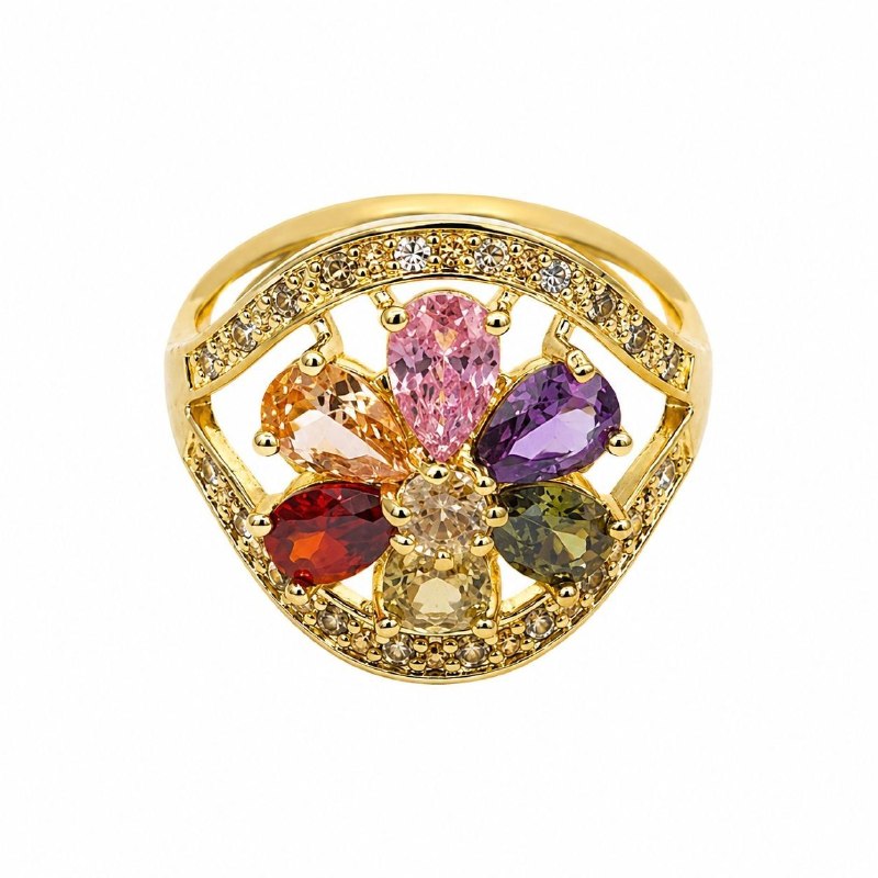 ANILLO DE ENCHAPE PARA DAMA CON FLOR DE CIRCONES MULTICOLOR EN CORTE GOTA Y MARCO CIRCULAR