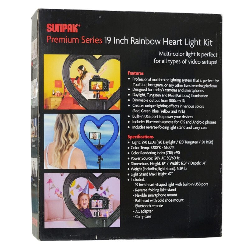 ARO DE LUZ LED EN FORMA CORAZON LUZ ANULAR BLANCA/RGB TRIPODE DE 1.7MTS SUNPAK