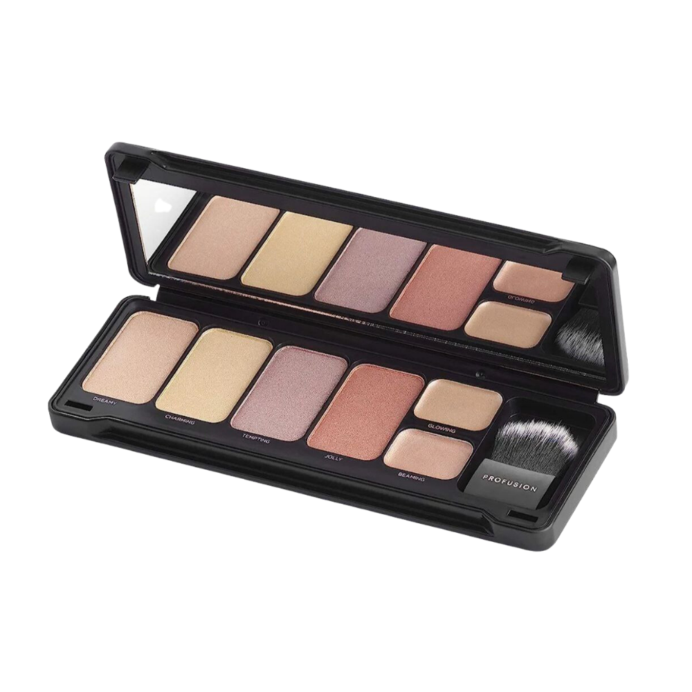 PALETA DE ILUMINADORES DE 6 TONOS CON BROCHA Y ESPEJO HIGHLIGHT