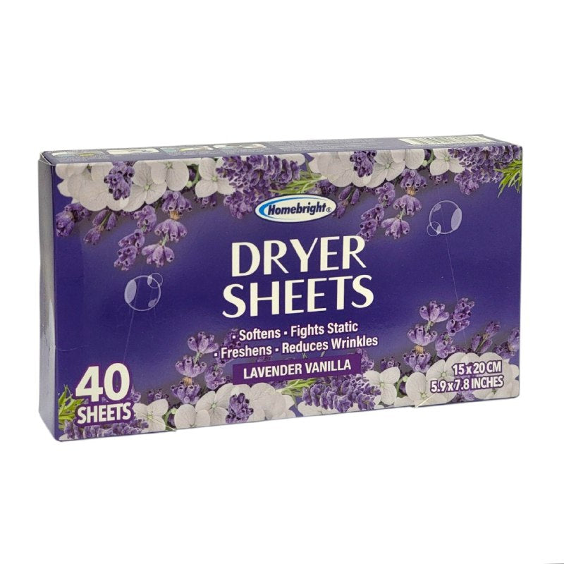 HOJAS PARA SECADORA SUAVIZANTES CON AROMA A VAINILLA Y LAVANDA 40UND HOMEBRIGHT 15X20CM