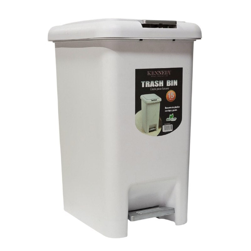 BASURERO CESTA PARA BASURA DE PLASTICO CON TAPA Y PEDAL COLOR BLANCO DE 15LBS KENNEDY TRASH BIN 22X32X40CM
