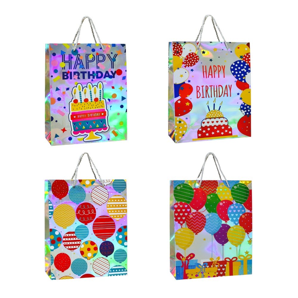 BOLSA DE REGALO DE CUMPLEAÑOS PLATEADA MEDIANA 32X26X10CM