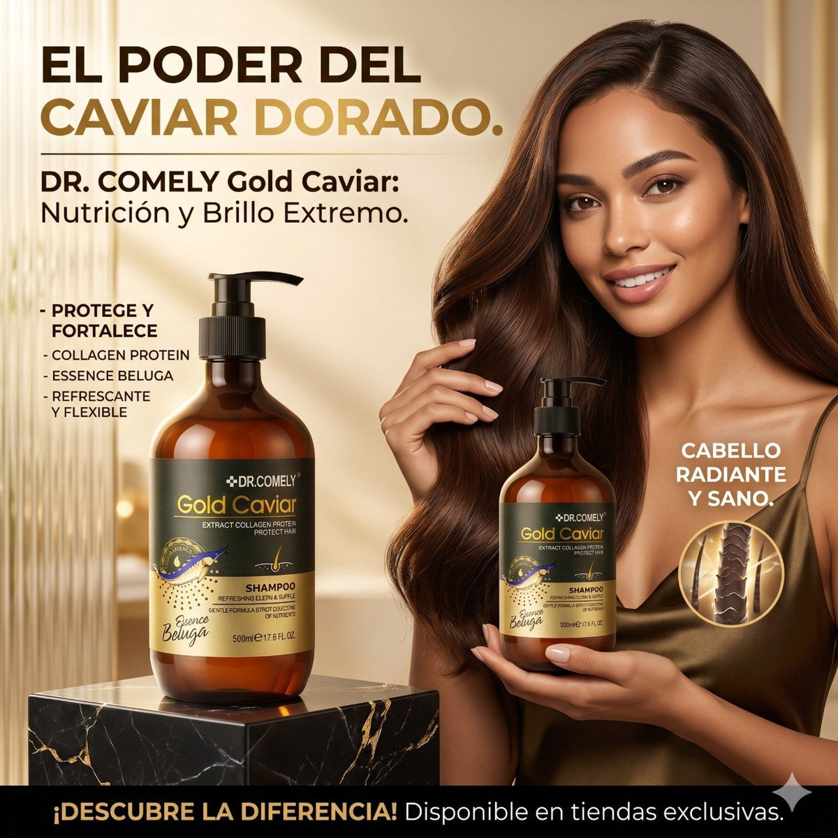 SHAMPOO FORTALECEDOR Y REFRESCANTE CON ESENCIA DE CAVIAR BELUGA Y COLAGENO DR. COMELY 500ML