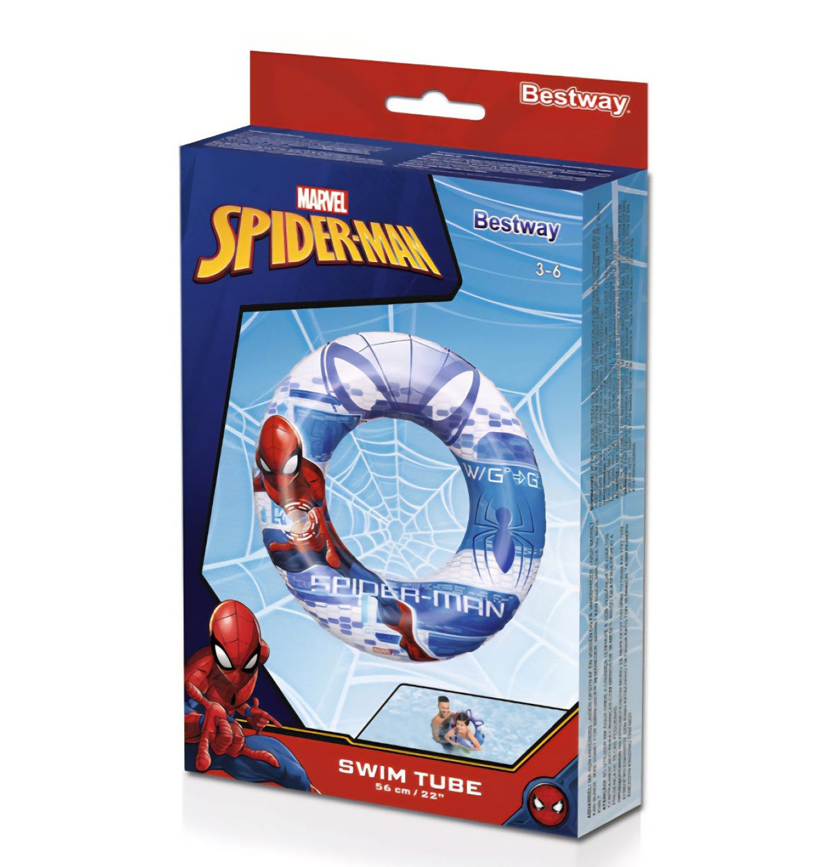 FLOTADOR INFLABLE TIPO SALVAVIDAS DE PLASTICO INFANTIL DE SPIDERMAN MARVEL BESTWAY 56CM