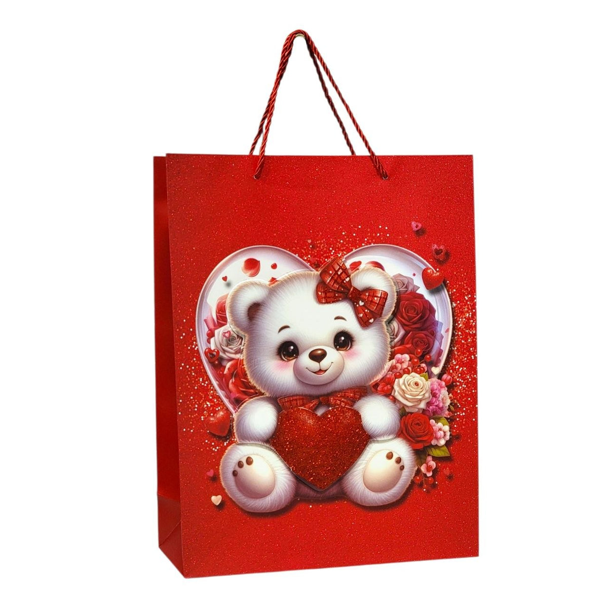 BOLSA DE REGALO GRANDE CON DISEÑO DE OSITO CON CORAZON 30X40X12CM