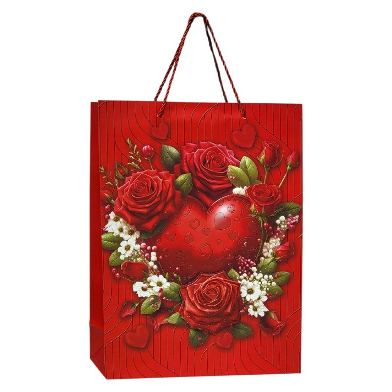 BOLSA DE REGALO GRANDE CON DISEÑO DE ROSAS Y CORAZONES 30X40X12CM