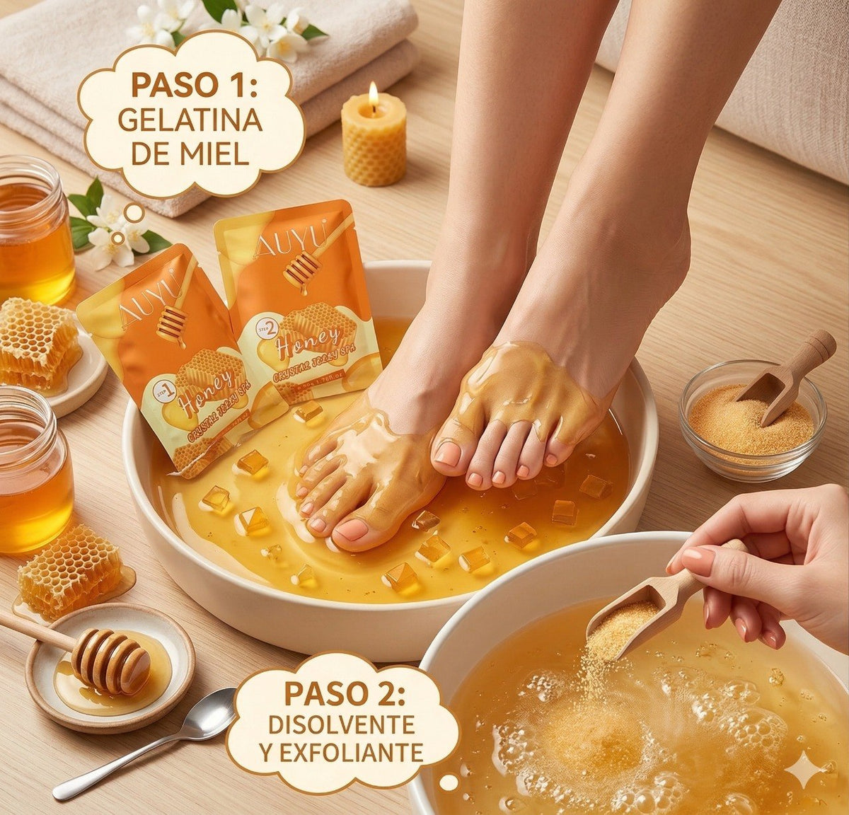 SET DE SPA PARA PEDICURA TERAPEUTICO AROMA A MIEL AUYU 50GX2