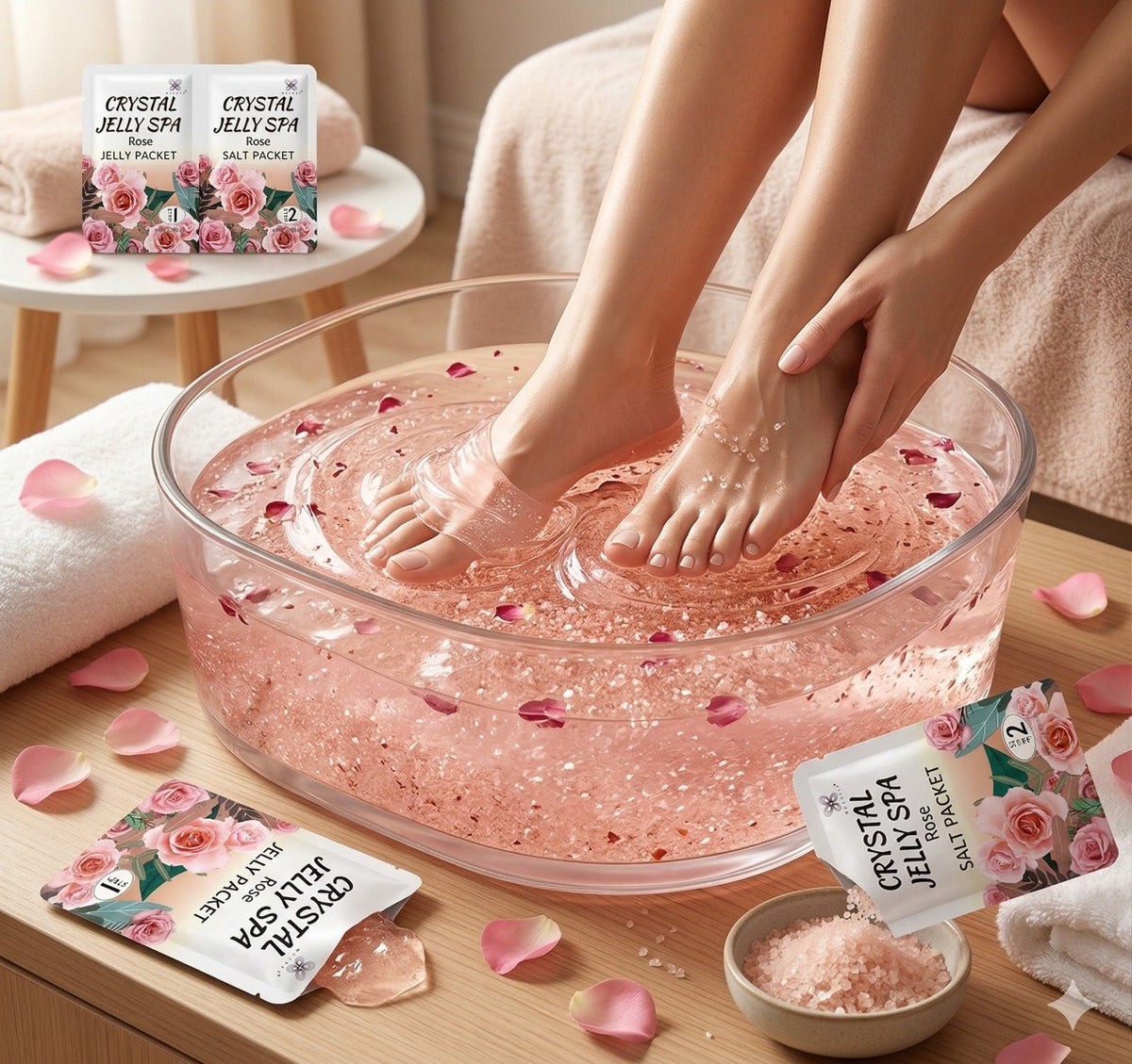 SET DE GELATINA DE CRISTAL Y SAL PARA PEDICURA AROMA A ROSA WECRET 50GX2