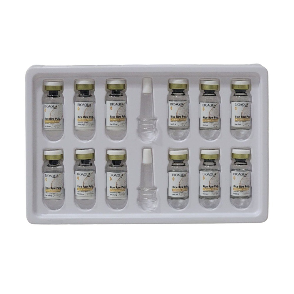 SET DE POLVO REPARADOR BLANQUEADOR DE PULPA CRUDA DE ARROZ SOLUCION LISOSOMAL BIOAQUA 3ML 50MG