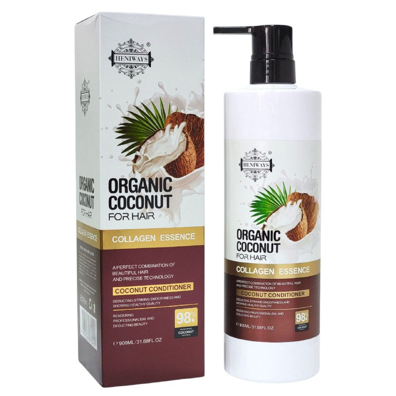 ACONDICIONADOR PARA EL CABELLO CON COLAGENO DE COCO NUTRITIVO 900ML, PROPORCIONA NUTRICION PROFUNDA PARA TODO TIPO DEL CABELLO, FORMULA NATURAL REPARADORA PROMOVIENDO EL CRECIMIENTO SUAVE Y CON BRILLO HENIWAYS
